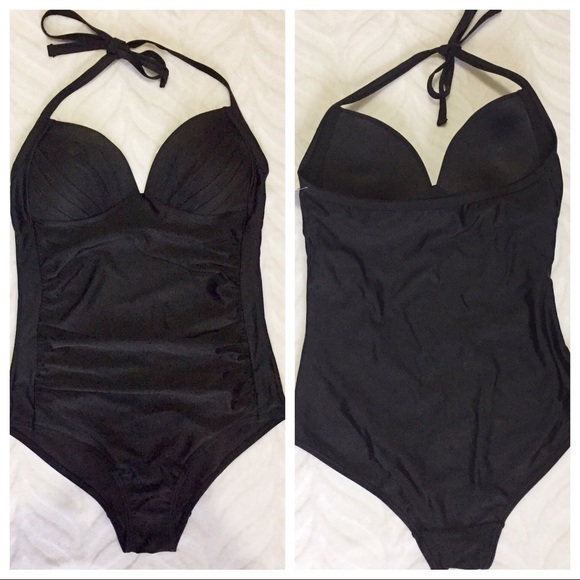 One-Piece Swimsuit Black VTG Style Bra - Picture 1 of 8